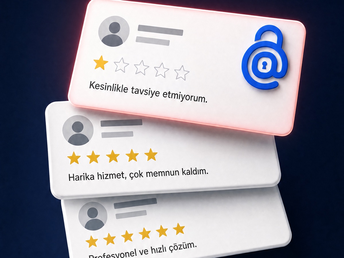 Üst üste duran yorum kartları; en üstteki tek yıldızlı sahte yorum kobalt @ kilit ile işaretlenmiş