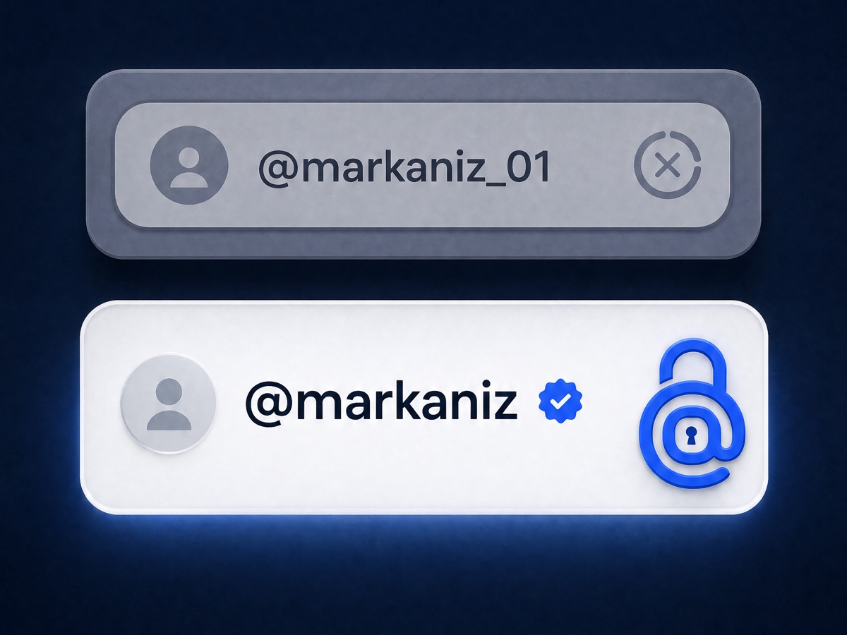 Üstte gri ve üstü çizili @markaniz_01, altta onaylı ve kilitli temiz @markaniz kullanıcı adı kartı