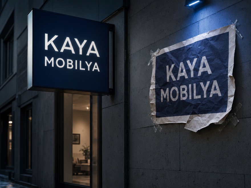 Gerçek bir mağaza tabelasının yanına yapıştırılmış, aynı ismi taşıyan buruşuk sahte kâğıt tabela